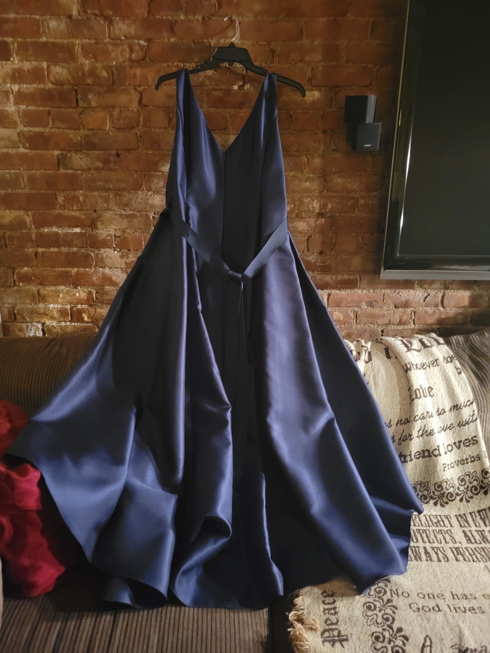 Adrianna Papell Navy Satin High-Low Evening Gown with Beaded Waist - Picture 2 of 3